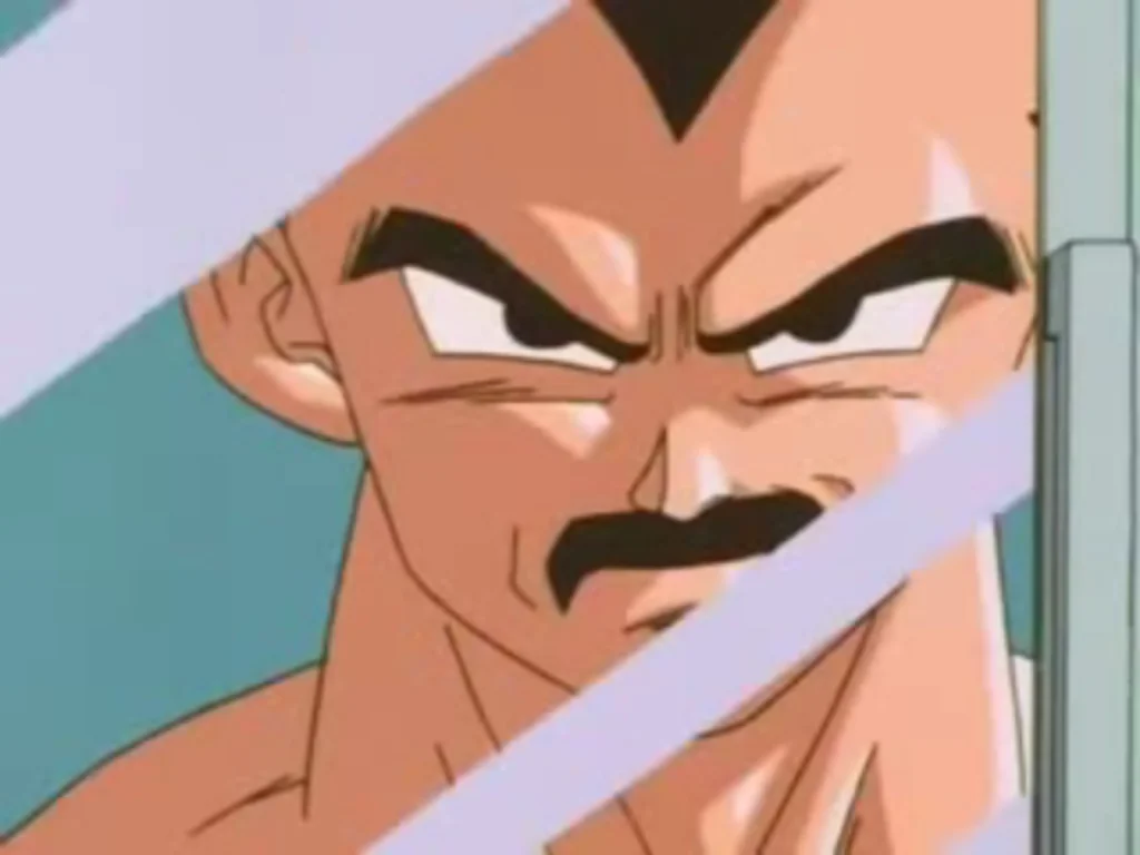 A Dragon Ball Z screenshot of Tien Shinhan sporting a mustache, shared as Movember-themed anime fan content.