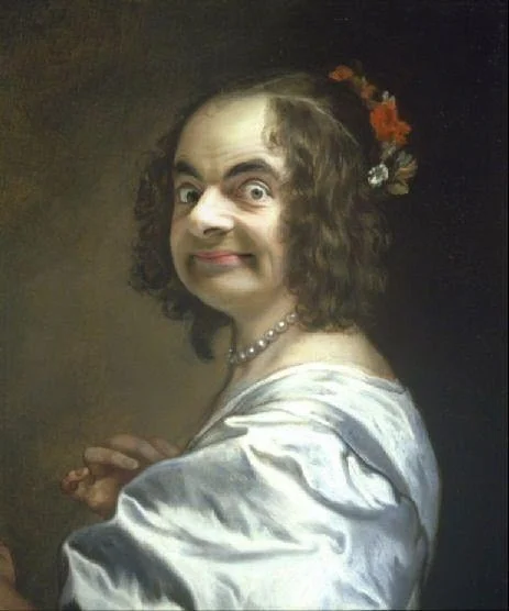 A comparison showing Rowan Atkinson's live-action Mr. Bean next to his animated counterpart.