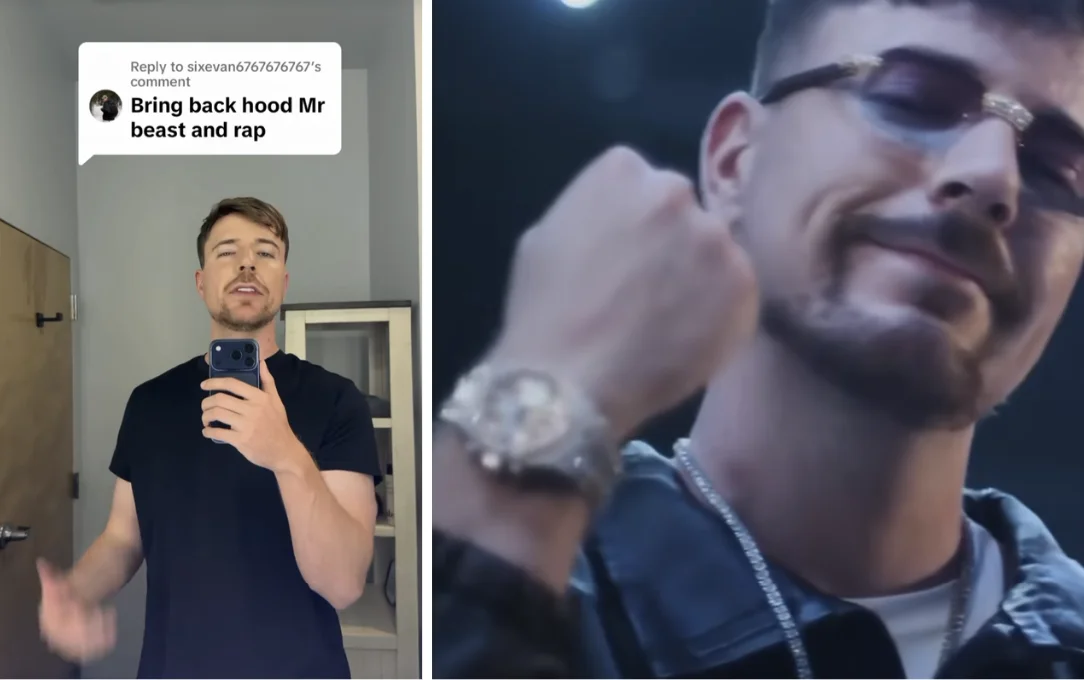 A TikTok split-screen response where MrBeast reacts to the comment 'Bring back hood Mr beast and rap' with a stylized rapper-persona clip, sparking the 'MrBeast Rap' meme.