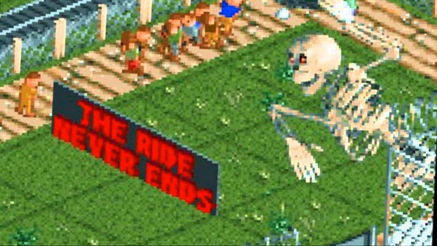 The iconic 'Mr. Bones' Wild Ride' image from RollerCoaster Tycoon 2, featuring a skeleton and 'The Ride Never Ends' billboard.