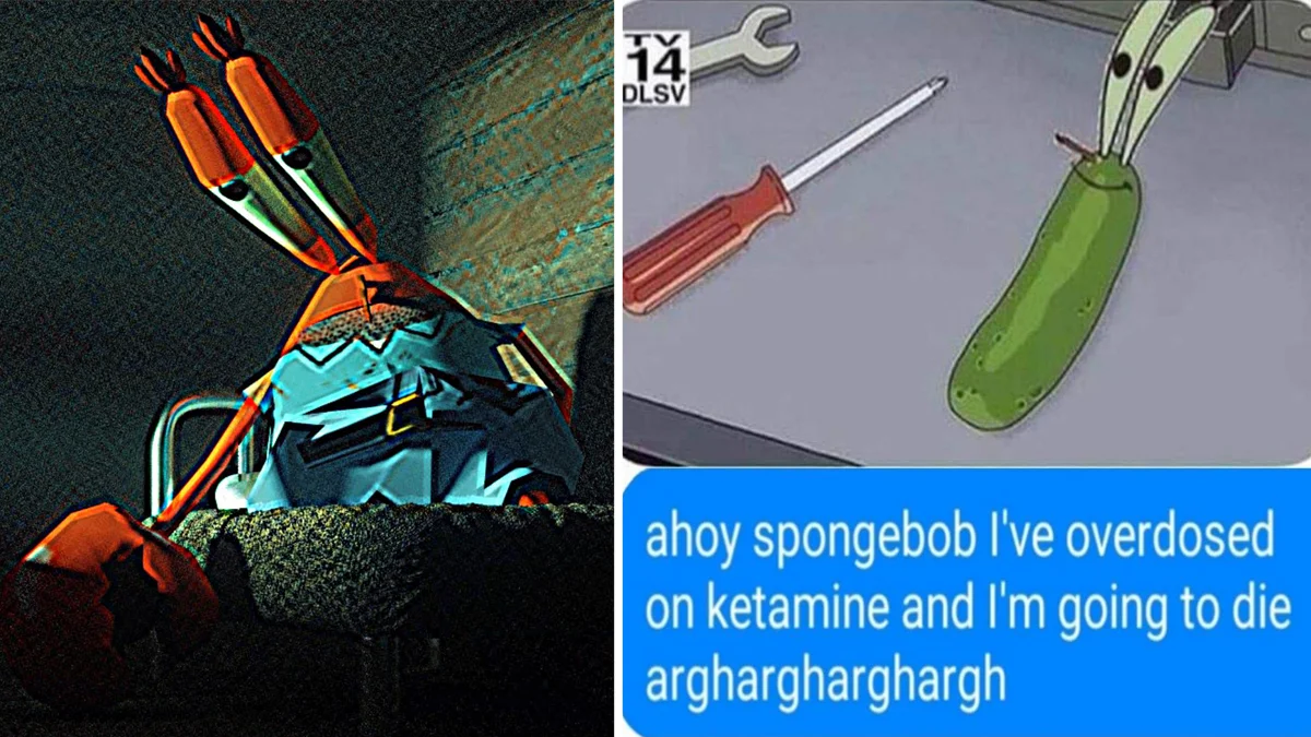 Krabs Overdoses on Ketamine,' pairing a deep-fried Mr. Krabs image with the meme's signature text-message punchline.