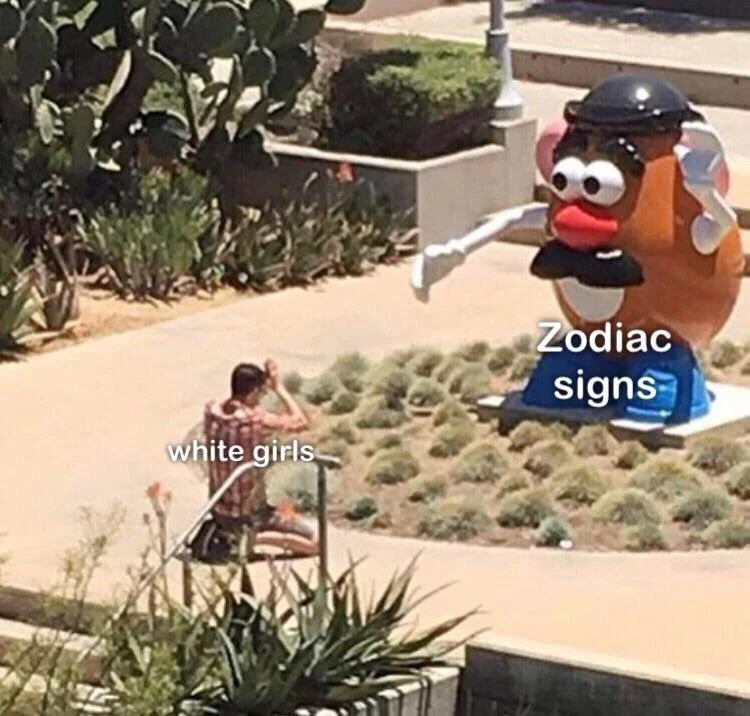 An object-labeling meme using a giant Mr. Potato Head statue to joke about white girls and zodiac signs.
