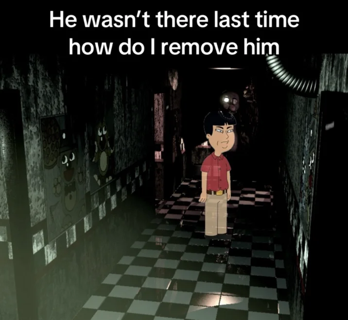 A crossover edit placing Mr. Washee Washee inside a Five Nights at Freddy's environment, riffing on the 'how do I remove him' variant.