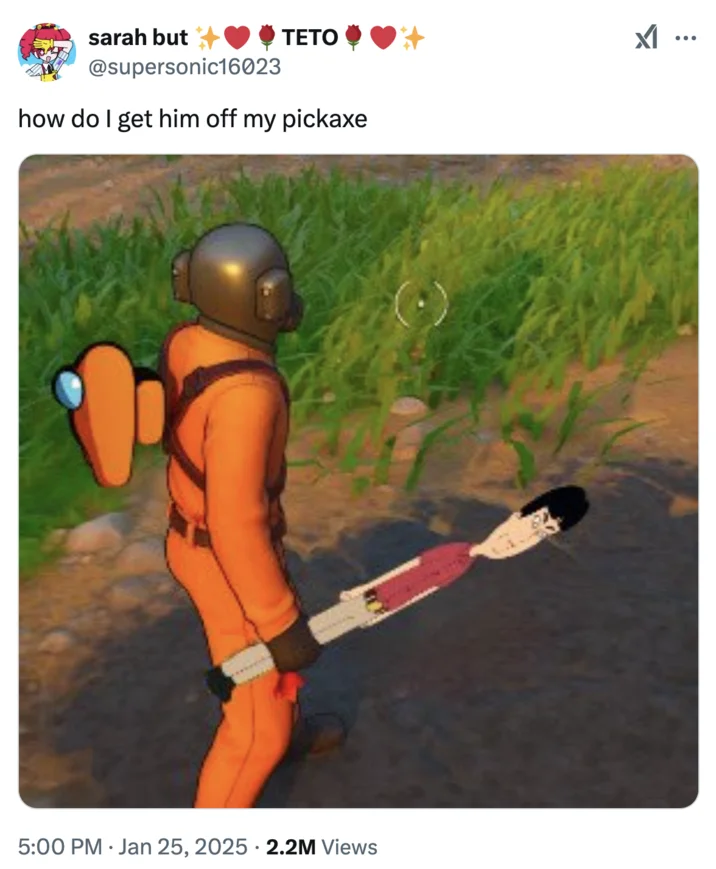 A Fortnite crossover edit that racked up 2.2M views, showing Mr. Washee Washee stretched into the shape of a pickaxe.