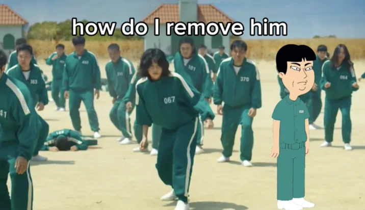 A Squid Game crossover edit inserting Mr. Washee Washee into the show's iconic tracksuit-clad crowd.