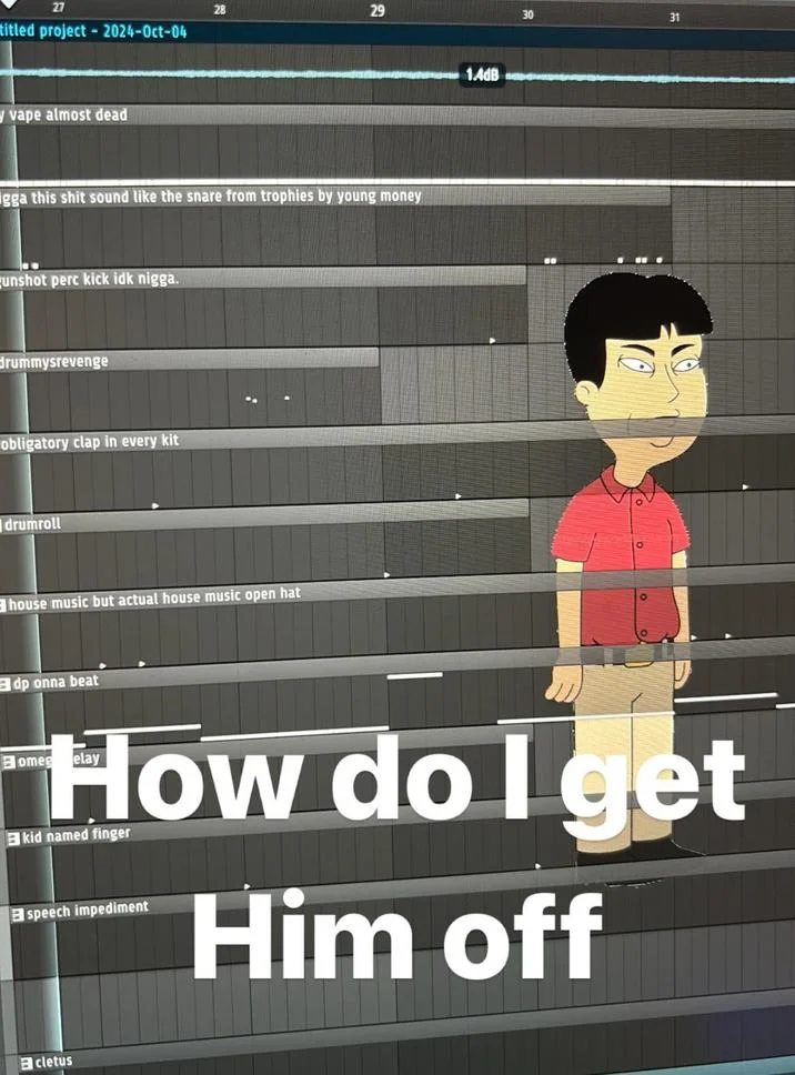 A vertical crop of the origin Mr. Washee Washee meme showing detailed FL Studio track names alongside the cartoon character.