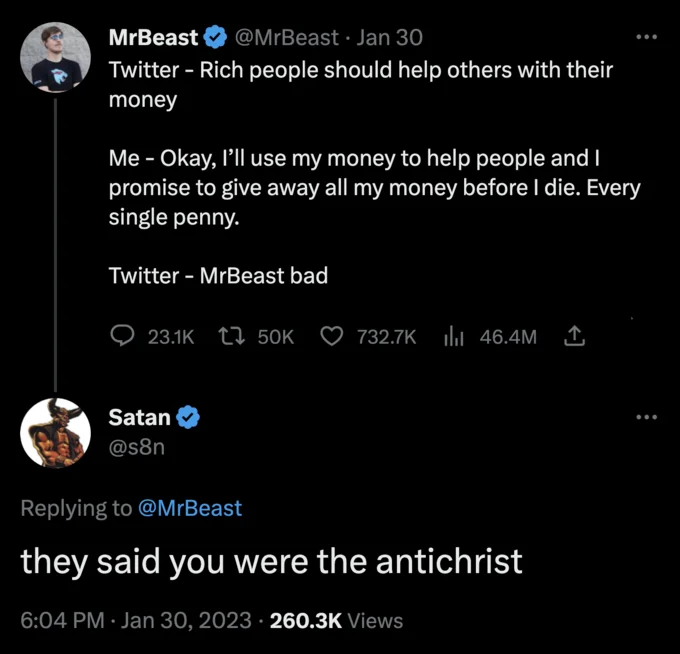 Satan character commenting on Antichrist accusations.