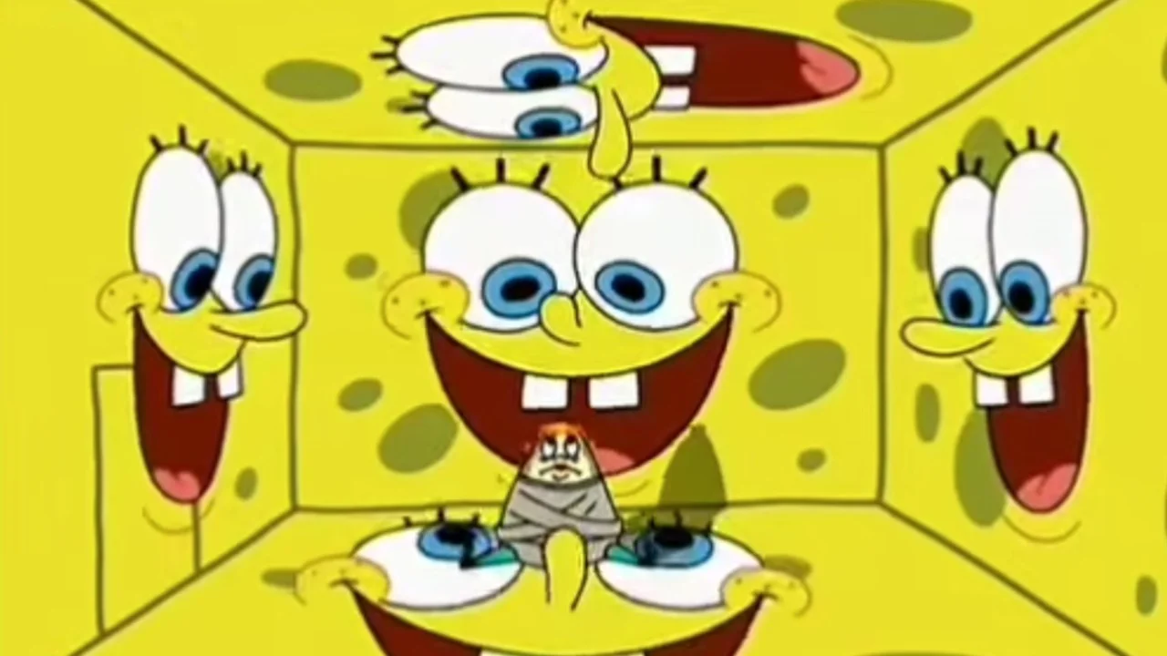 The original SpongeBob SquarePants scene showing Mrs. Puff trapped in a padded room while hallucinating SpongeBob's face on every surface.