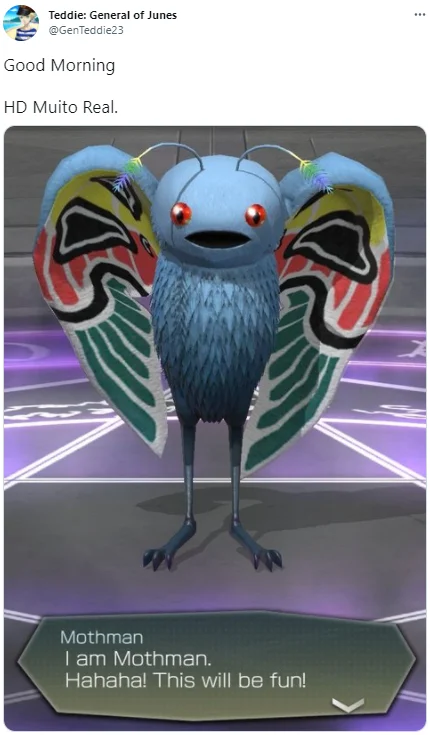 The high-definition Shin Megami Tensei V model of Mothman, the demon at the heart of the 'muito real' meme.