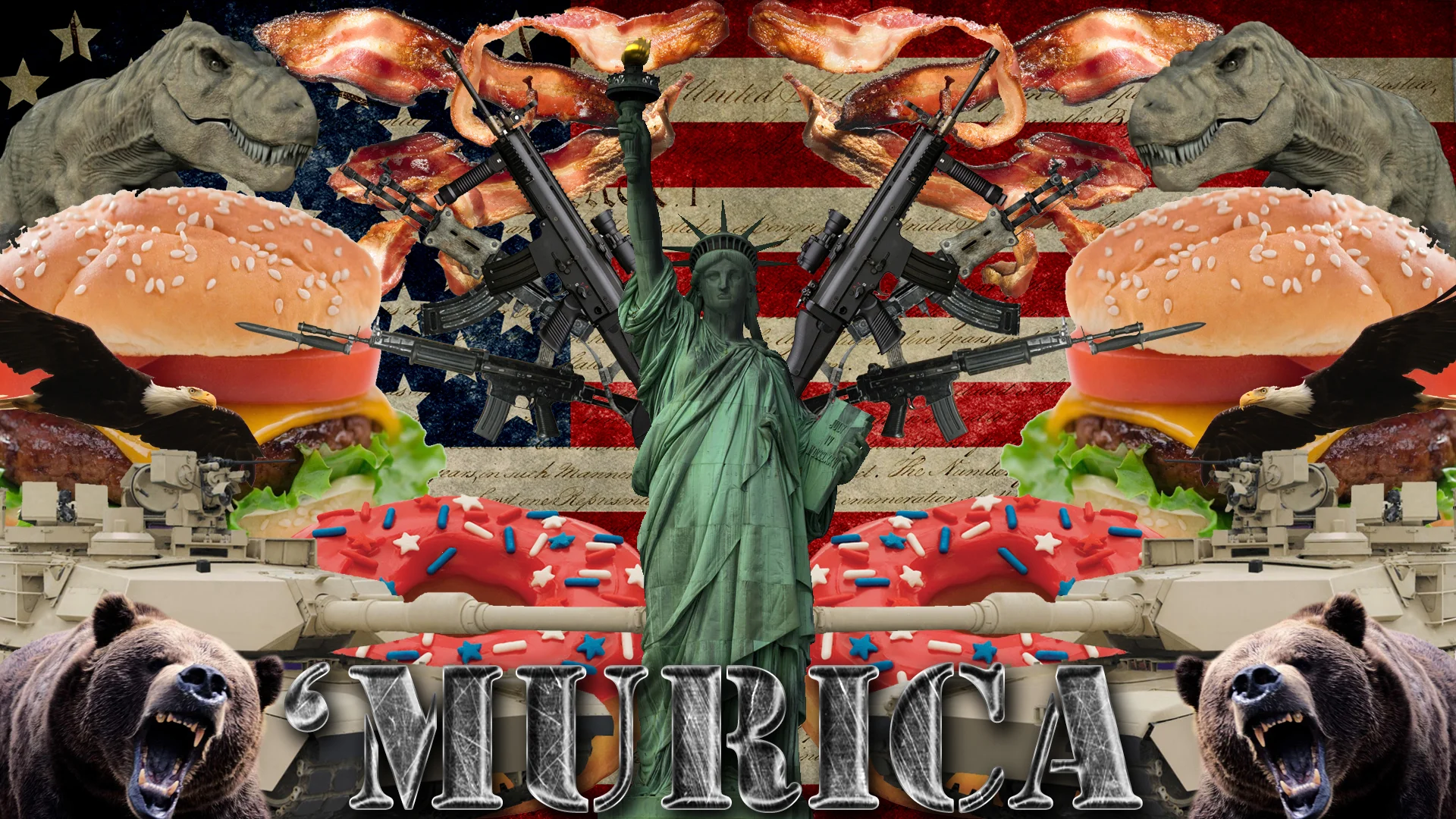 The definitive 'Murica collage: a maximalist mashup of exaggerated American symbols — Lady Liberty wielding rifles, burgers, bacon, tanks, T-Rexes and bald eagles — that captures the tongue-in-cheek spirit of the meme.