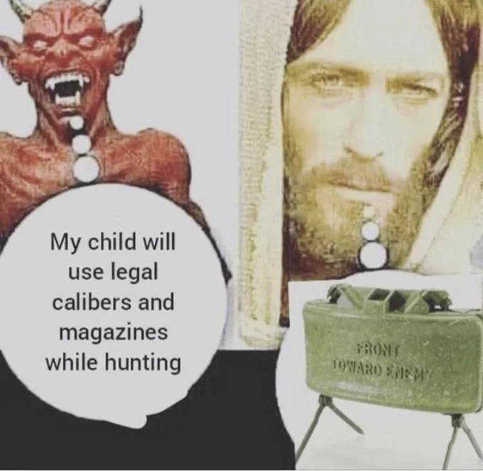 A dark-humor swap where the Devil endorses lawful hunting while Jesus is paired with a military claymore, satirizing US gun-law debates.