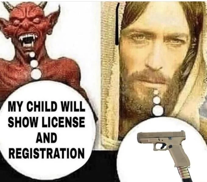 A role-reversed parody assigning the Devil the responsible child and pairing Jesus with a firearm as a subversive gag on American gun culture.