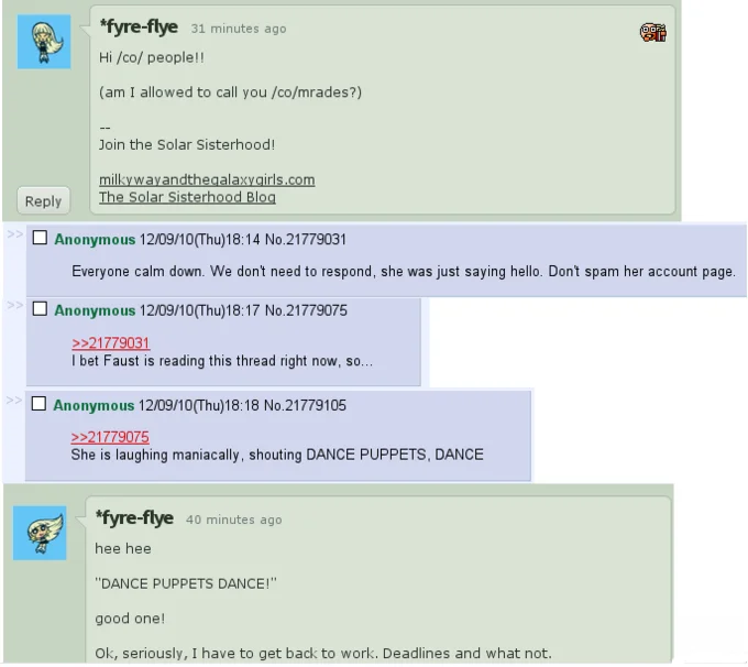 A 4chan /co/ thread in which show developer Lauren Faust dropped in on the brony community, an early moment of creator–fandom interaction.