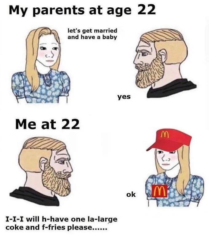 A McDonald's cashier variant of the format, pairing the classic wojaks with an awkward fast-food order.