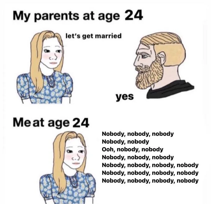 A Mitski-inspired variant swapping the punchline for lyrics from the song 'Nobody' and using age 24.