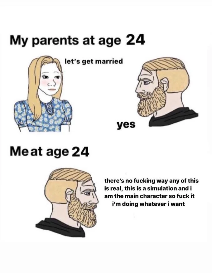 A nihilistic 'simulation theory' variant that swaps the age to 24 and the parental milestone to marriage.