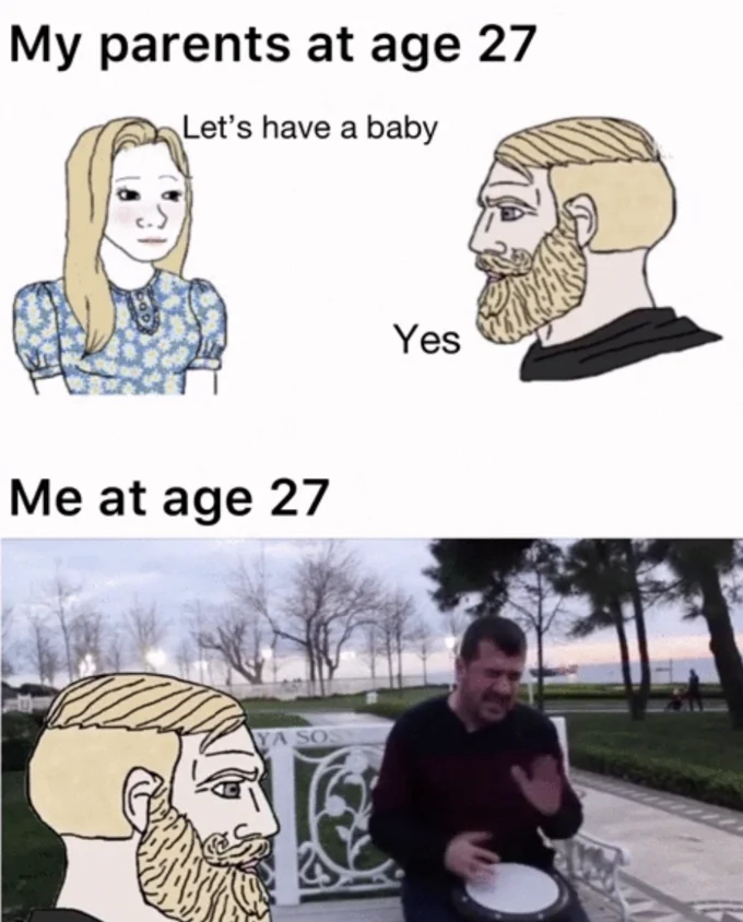 A crossover variant of the meme using the age 27 label and the viral 'Ya Sos' darbuka meme as the punchline.