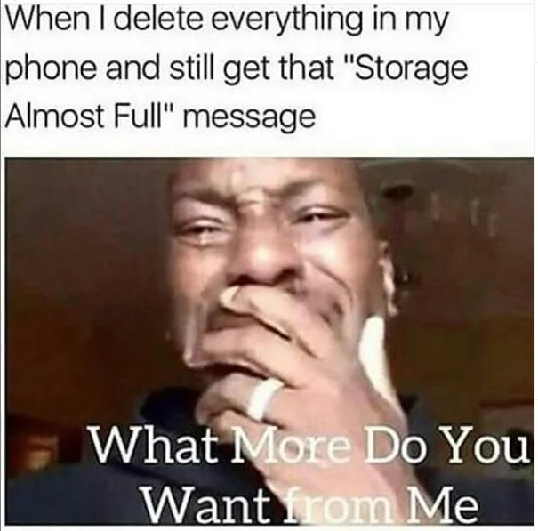 A widely shared 'My Shayla' meme reformatted to express frustration with phone storage warnings.