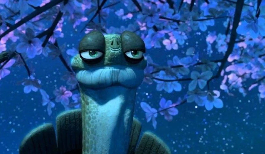 The source scene from DreamWorks' Kung Fu Panda (2008), showing Master Oogway beneath the sacred peach tree moments before his passing — the still that launched the 'My Time Has Come' meme.