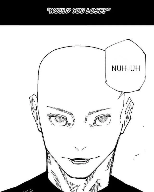 A popular parody edit of the meme where Gojo is drawn bald and answers 'Nuh-uh' instead of 'Nah, I'd win.'