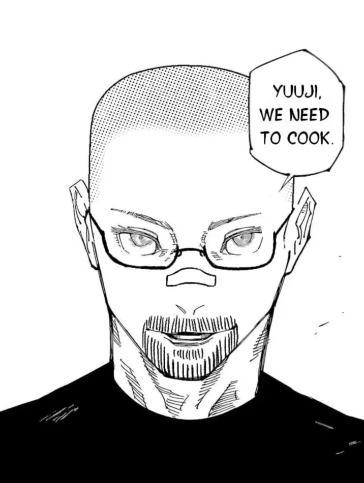 A Breaking Bad crossover edit swapping Gojo's face for Walter White with the line 'Yuuji, we need to cook,' a popular variation of the meme.