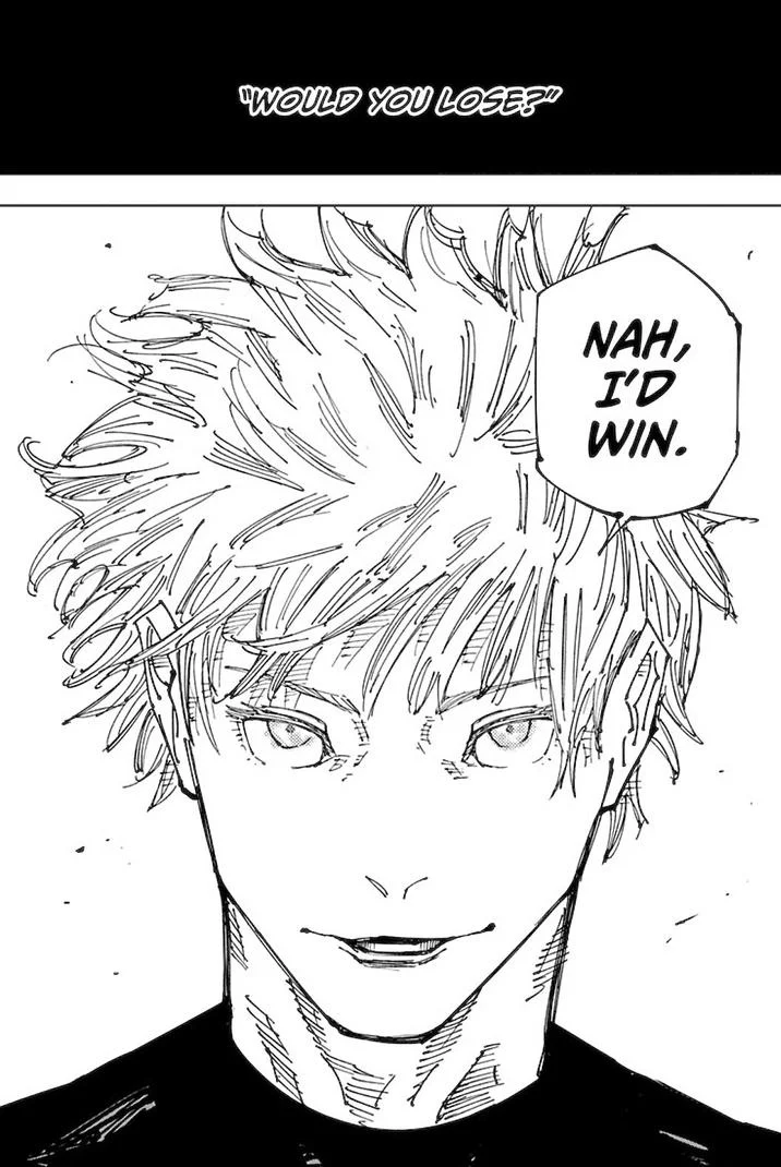 The full English-translation panel from Jujutsu Kaisen showing the exchange 'Would you lose?' — 'Nah, I'd win,' the exact moment that launched the meme.