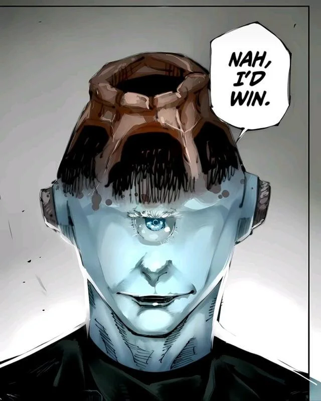 A colored fan edit depicting Gojo mortally wounded with an exposed skull, defiantly repeating 'Nah, I'd win.' — referencing his fight with Sukuna.