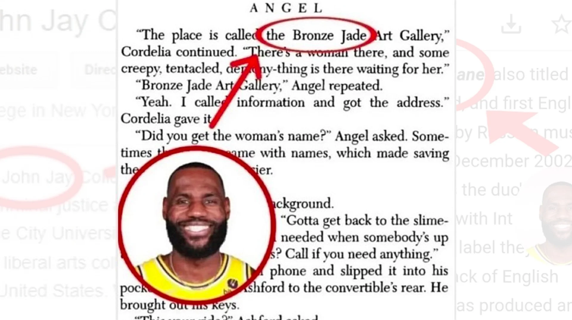 The originating LeBron James name soundalike image, pairing the book phrase 'Bronze Jade' with a photo of LeBron James.