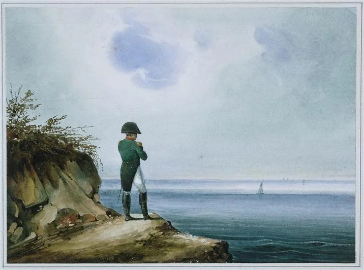 A classic watercolor of Napoleon in exile, gazing out to sea — the mood the meme distills into a punchline.