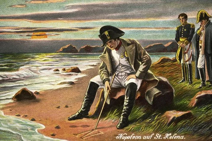 The vintage 'Napoleon auf St. Helena' postcard illustration that inspired the meme's dejected exile imagery.