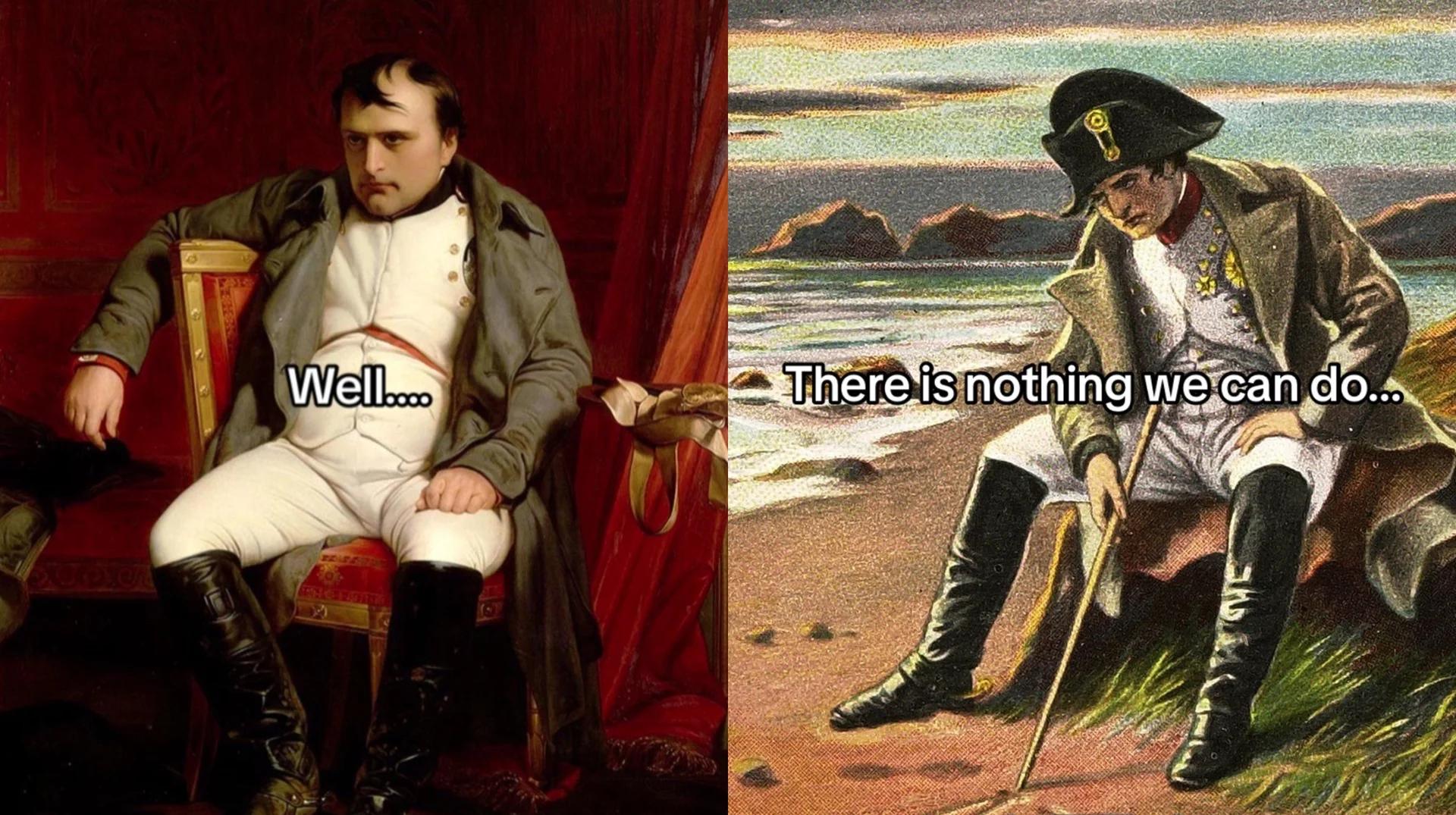 The signature two-panel format of the 'There Is Nothing We Can Do' meme, pairing classical Napoleon paintings with resigned captions.