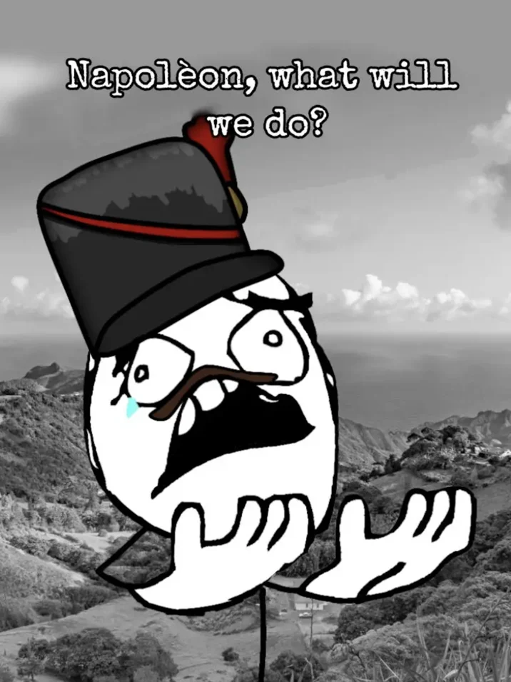 A rage-comic remix of the meme, casting a distressed soldier asking Napoleon what to do as they gaze over the island of exile.