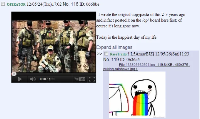 A 2012 4chan post in which an anonymous user claims to have authored the original Navy Seal copypasta years earlier on the /cp/ board.