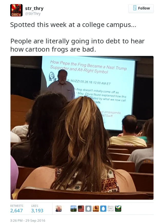 A viral tweet claiming a US high school government class was teaching Pepe the Frog as a symbol of racist demagoguery amid the Nazi Pepe controversy.