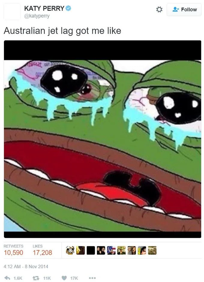 Katy Perry's viral 2014 tweet using a Pepe the Frog reaction image, an example of the meme's mainstream popularity before the Nazi Pepe controversy erupted.