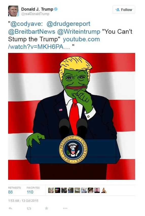 Donald Trump's October 2015 retweet of a Pepe-as-Trump image, cited as a key moment linking Pepe the Frog to the Trump campaign and the ensuing alt-right controversy.