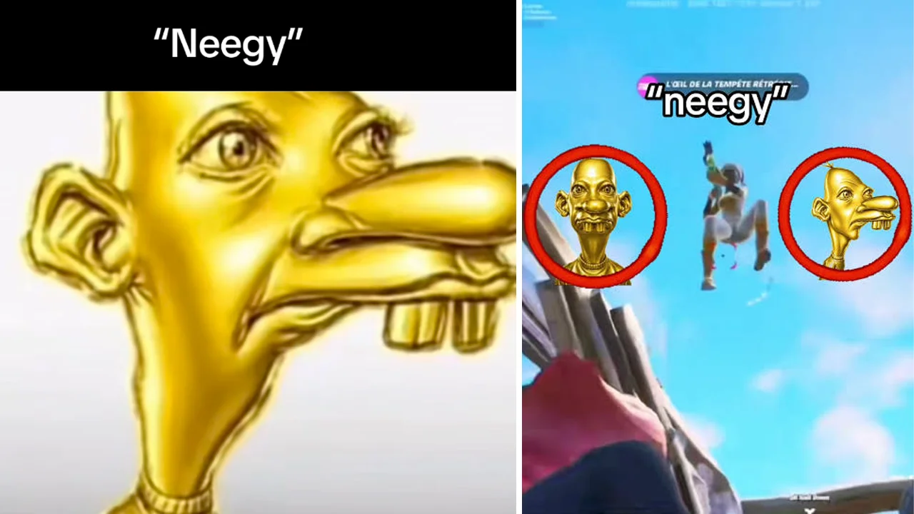 Banner image for the 'Neegy' meme, pairing the distorted golden bust with its appearance overlaid on a Fortnite gameplay clip.