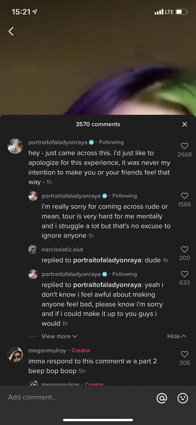Screenshot of Clairo's verified TikTok account publicly apologizing in the comments of Megan Mulroy's viral video about a negative fan encounter.