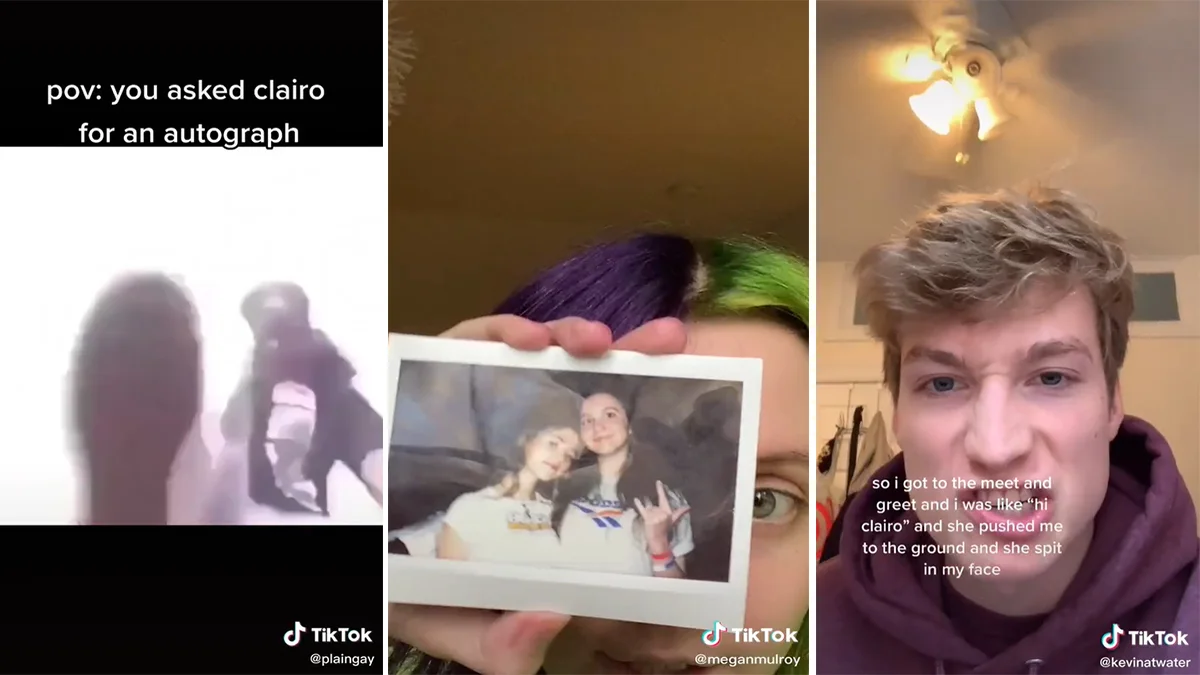 Cover image compiling three viral TikTok clips from fans alleging negative interactions with Clairo, which fueled the online 'industry plant' discourse.