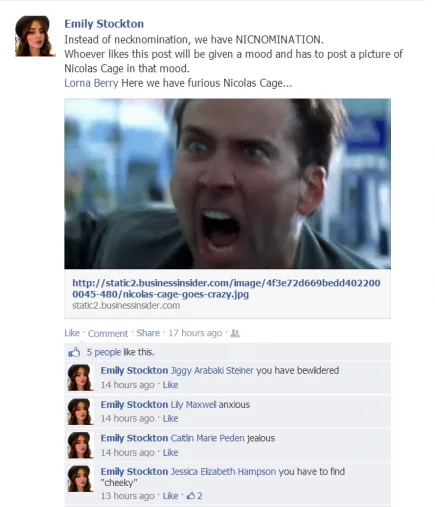 Emily Stockton's NicNomination post replaces the traditional NekNominate drinking stunt with an image of an enraged Nicolas Cage, part of the meme's viral parody offshoot.