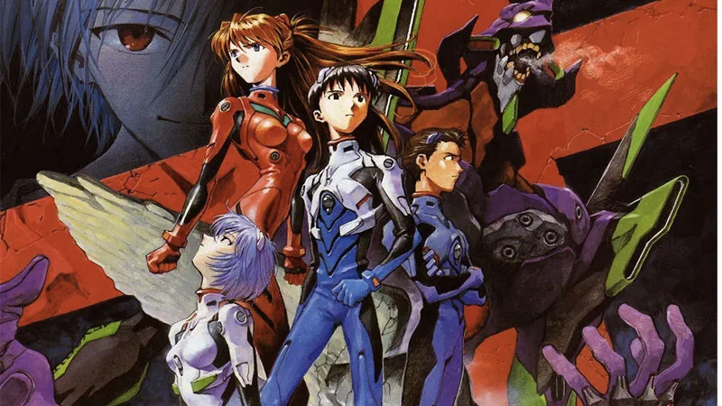 Official promotional artwork for Neon Genesis Evangelion, featuring the series' main characters and an Evangelion mecha.