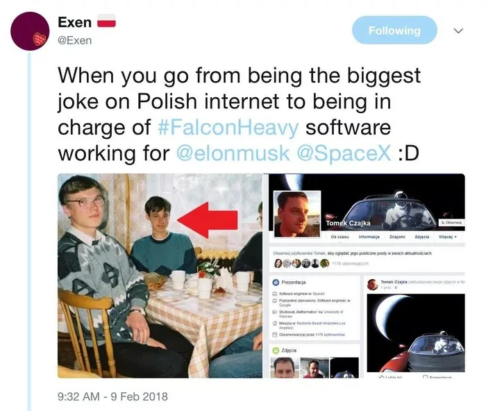 A viral 2018 tweet revealing that one of the men in the Nerd Party photograph, Tomek Czajka, went on to work on SpaceX's Falcon Heavy software.