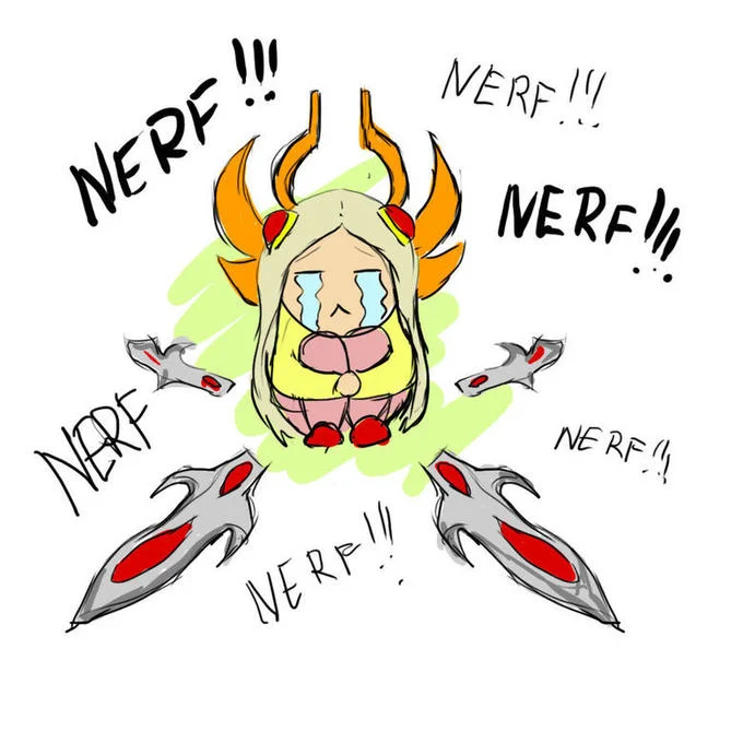 A hand-drawn illustration of Overwatch's Mercy weeping as players chant 'NERF!!!' — a visual staple of the community pile-on that precedes a hero rework.