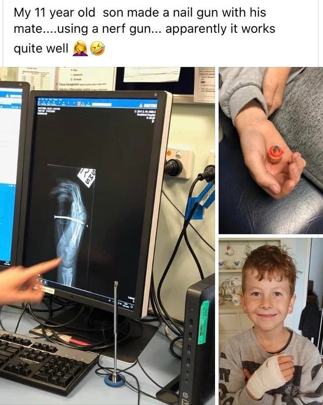 A viral post about a child's DIY Nerf-to-nail-gun conversion, part of the wider cultural fascination with modifying Nerf blasters into more dangerous devices.