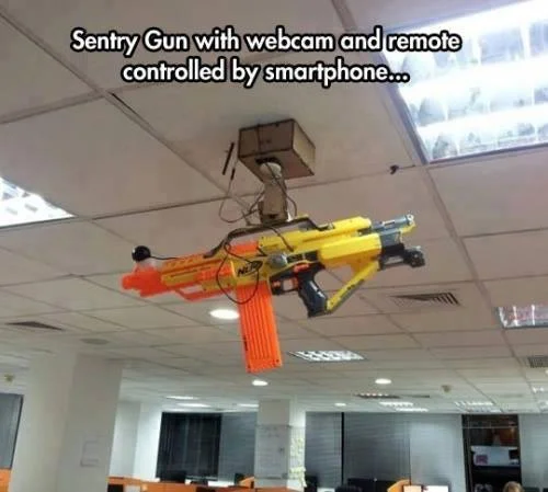 A DIY 'Nerf sentry gun' rigged from a ceiling-mounted blaster and webcam — a well-known example of the maker-community projects Nerf inspires.