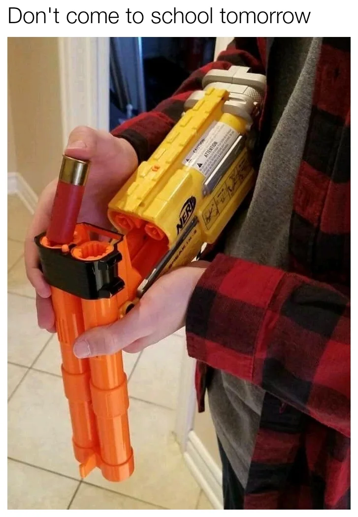 A dark-humor image of a Nerf blaster modified to chamber a real shotgun shell — an edgy variant of the 'Nerf mod' meme genre.