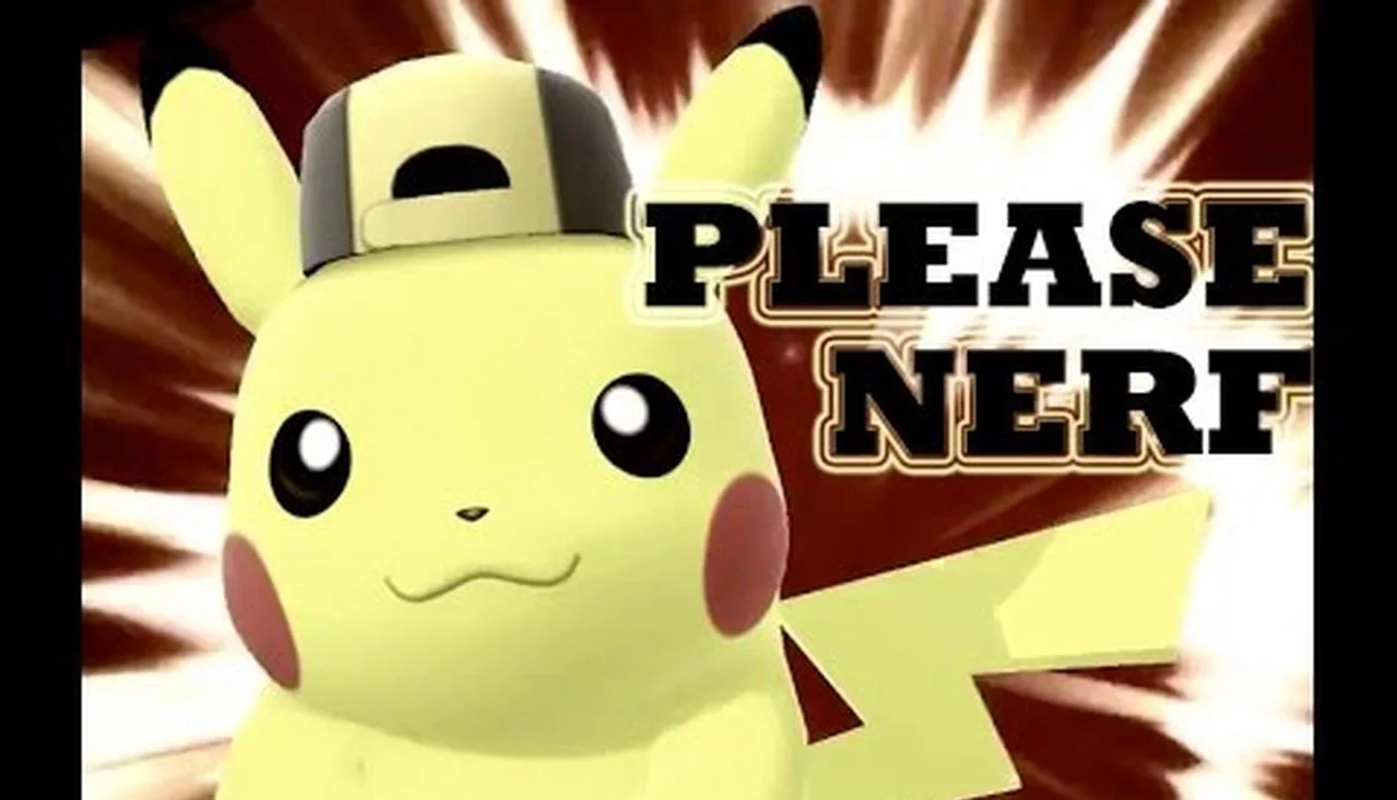 A 'Please Nerf' meme featuring Pikachu in Super Smash Bros. Ultimate, exemplifying the community plea for balance adjustments to an overpowered fighter.