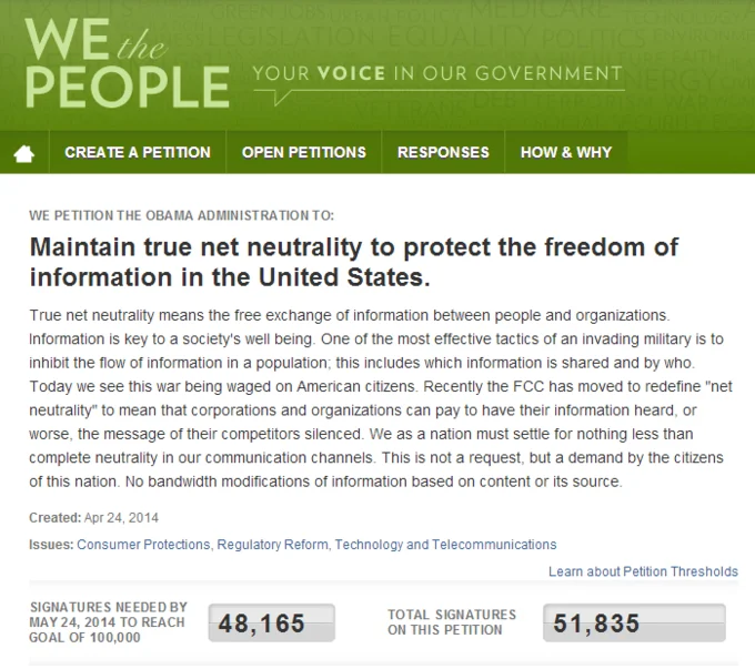 A 2014 'We the People' petition urging the Obama administration to protect net neutrality against FCC redefinition.