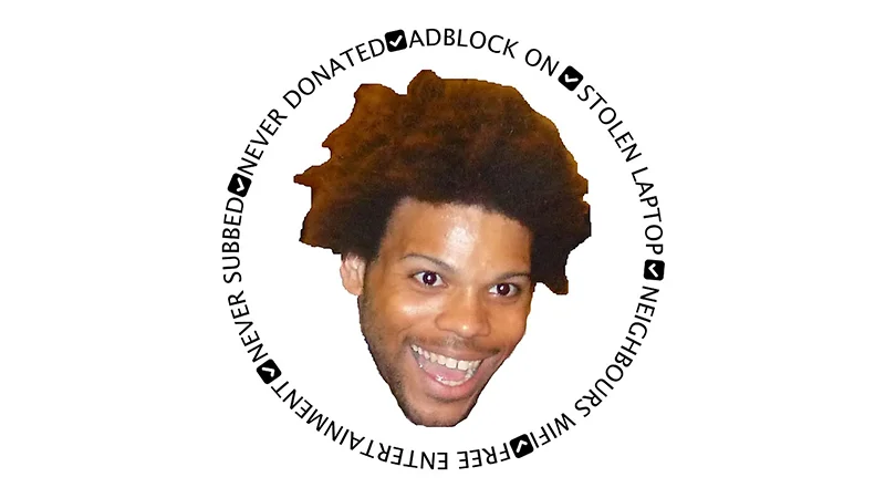 The banner image of the 'Never Subbed, Never Donated' meme, featuring the TriHard Twitch emote surrounded by the copypasta's signature checklist.