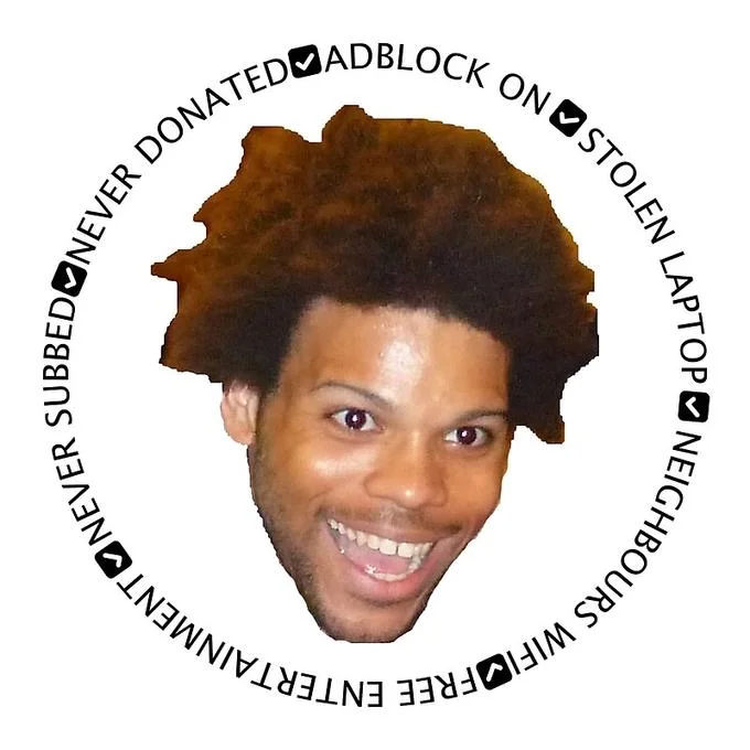 A high-resolution version of the circular 'Never Subbed, Never Donated' checklist graphic centered on the TriHard emote.